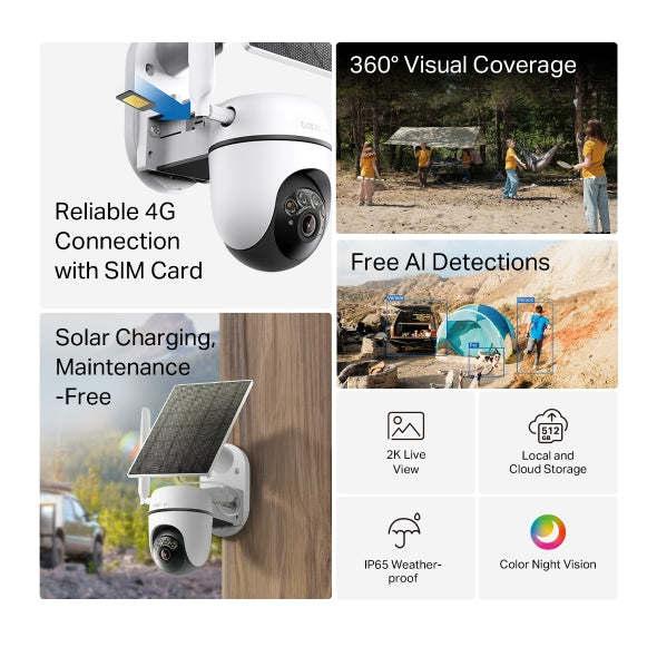 2K 3MP 360° Cámara Solar con Tarjeta SIM | Tapo C615G KIT