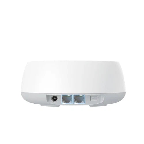 Vista posterior del router TP-Link Deco BE3600 mostrando la toma de corriente, dos puertos Ethernet RJ45 y botón WPS.