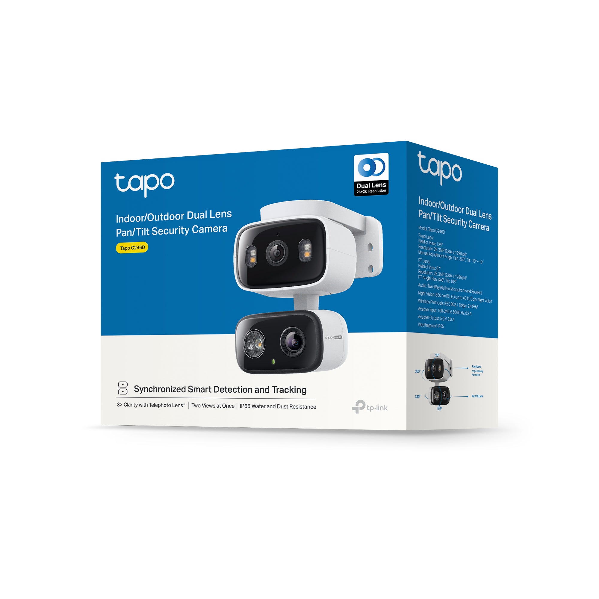 Tapo C246D - Cámara de Vigilancia Wi-Fi Doble Lente 2K QHD para Exterior/Interior, 360º, Detección IA y Resistencia IP65