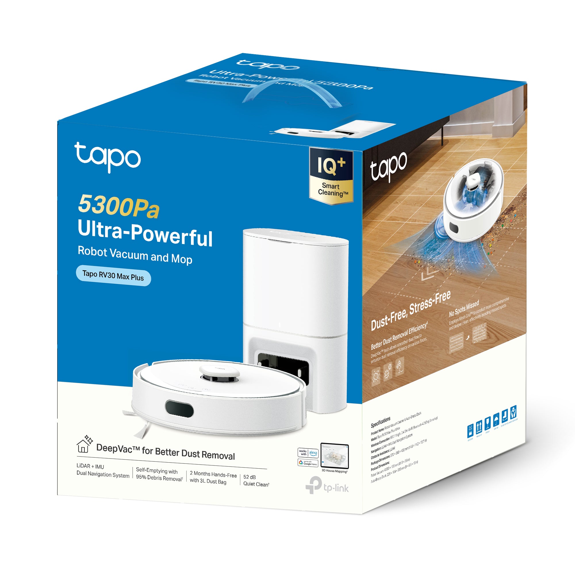 Packaging oficial del robot aspirador Tapo RV30 Max Plus mostrando caja con diseño y accesorios incluidos