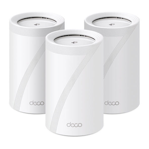 Deco BE65: sistema Wi-Fi 7 Mesh de TP-Link, pack de 3 unidades en color blanco con diseño cilíndrico elegante
