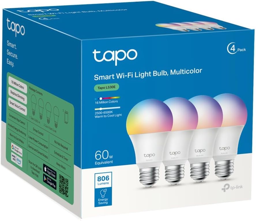 Bombilla LED Wi-Fi Inteligente E27 RGB Multicolor 806 lm, Pack de 4 | Tapo L530E (4-Pack)