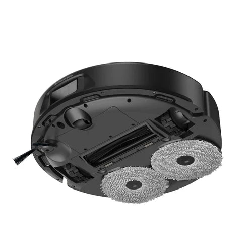 Vista inferior del robot aspirador Tapo RV50 Pro Omni mostrando sus mopas giratorias y cepillo principal.