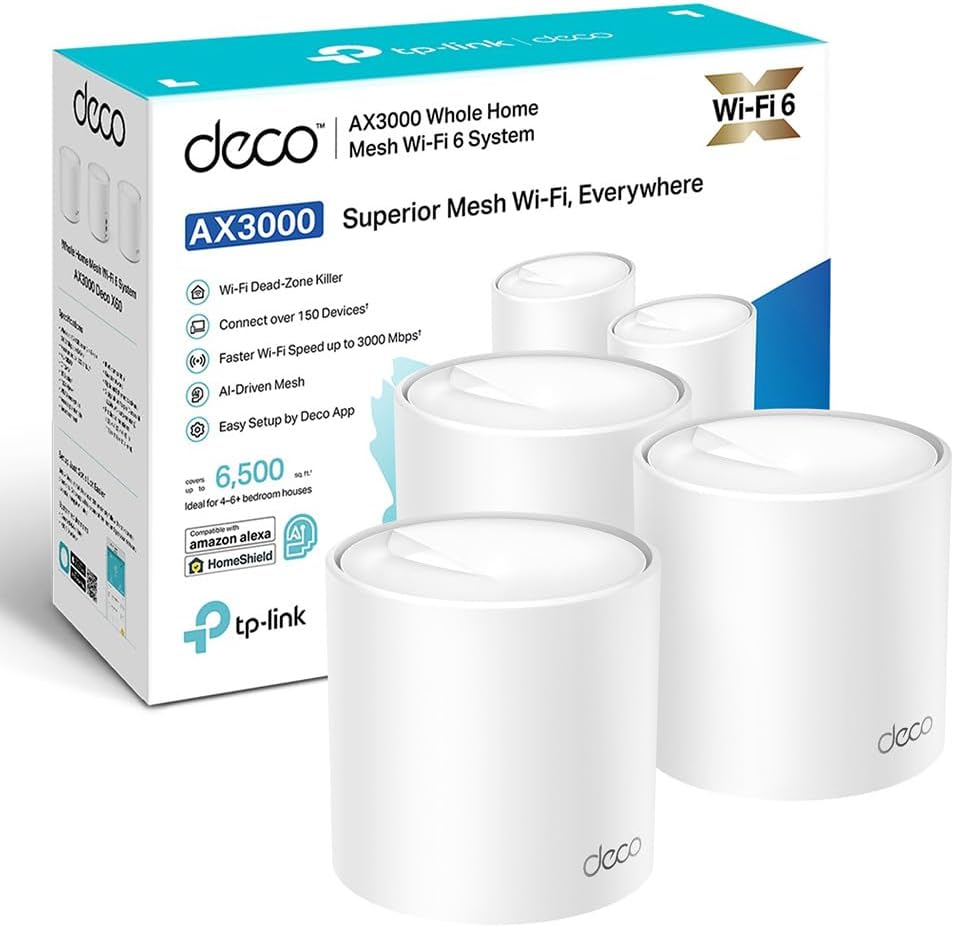 Caja y pack de 3 nodos del sistema WiFi 6 Mesh TP-Link Deco X60 AX3000.