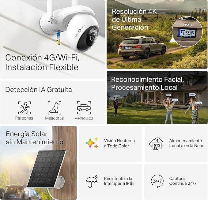 Resumen de funciones de la cámara Tapo C665G KIT: resolución 4K, visión nocturna en color y detección IA.