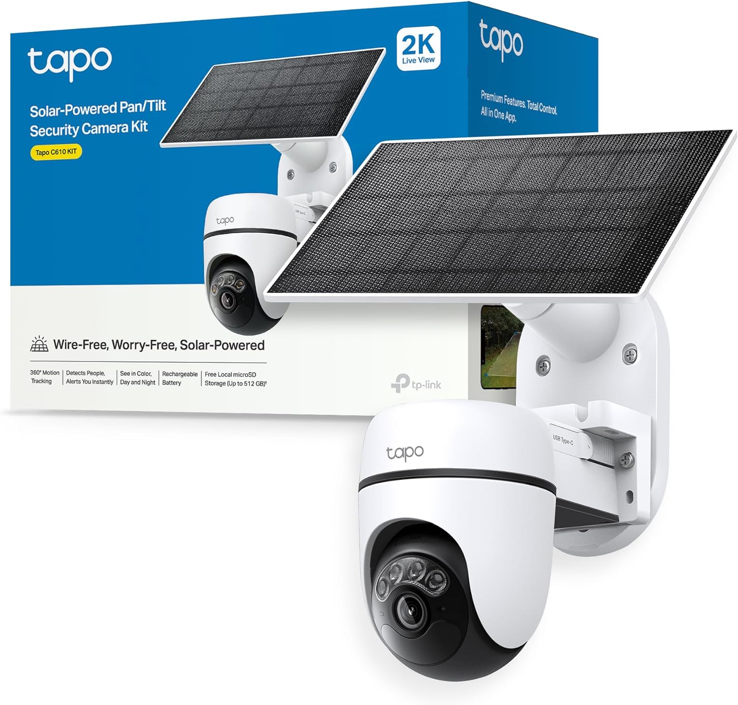 Caja oficial del kit Tapo C610 KIT junto a la cámara de seguridad motorizada 2K con panel solar.