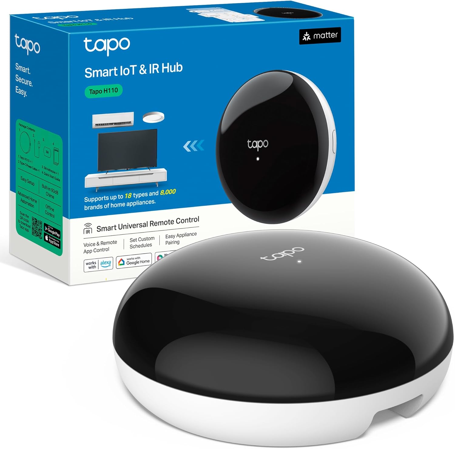 Caja oficial del hub inteligente Tapo H110 con mando universal infrarrojo y compatibilidad Matter.