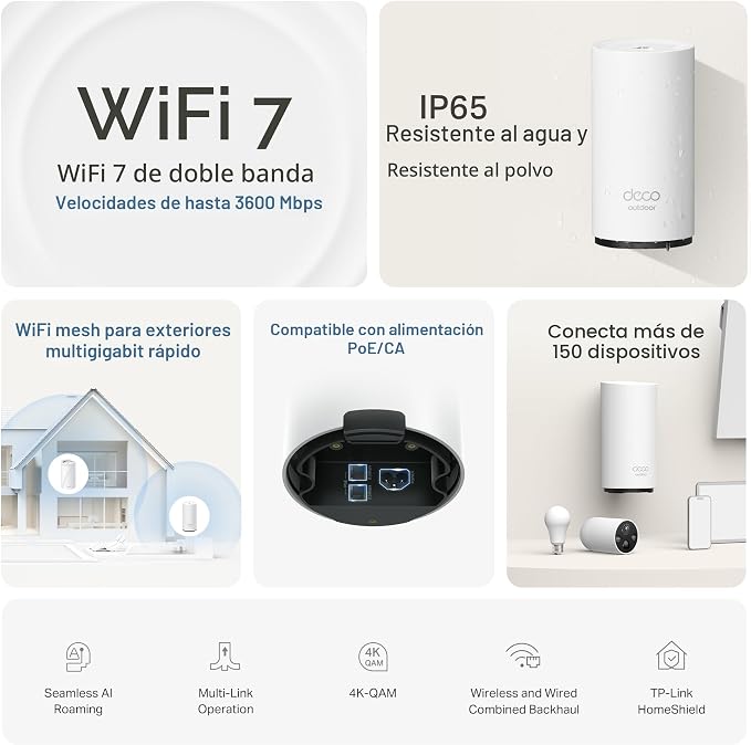 Resumen de características del Deco BE25-Outdoor con Wi-Fi 7 de 3600 Mbps, resistencia IP65 y alimentación PoE/CA.