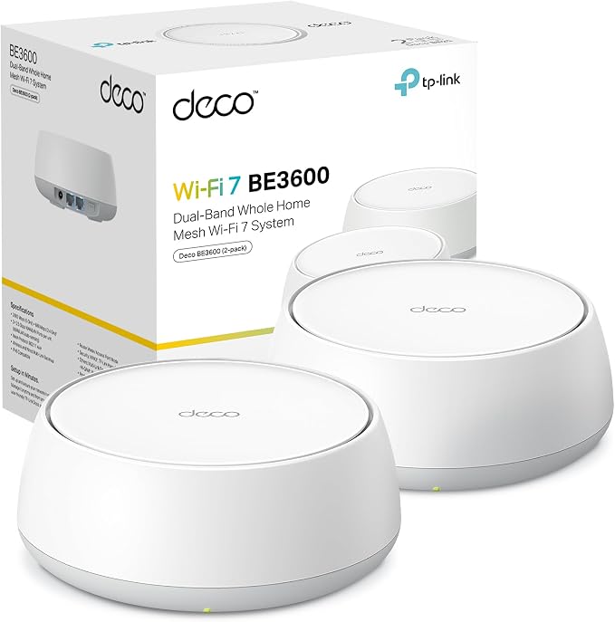 Caja del paquete de 2 unidades del sistema Wi-Fi 7 Mesh TP-Link Deco BE3600.