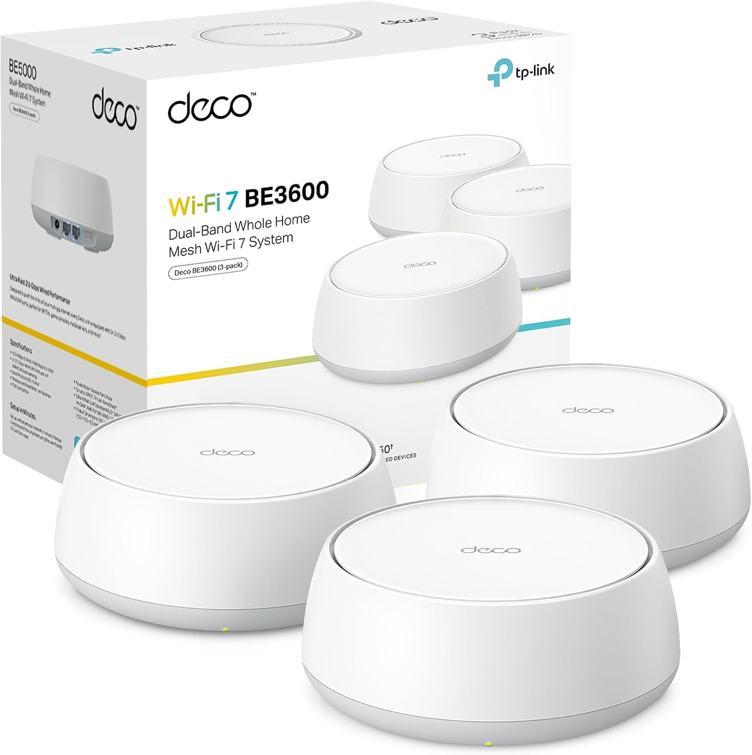 Paquete de 3 unidades del sistema Wi-Fi 7 Mesh TP-Link Deco BE3600 junto a su caja de embalaje.