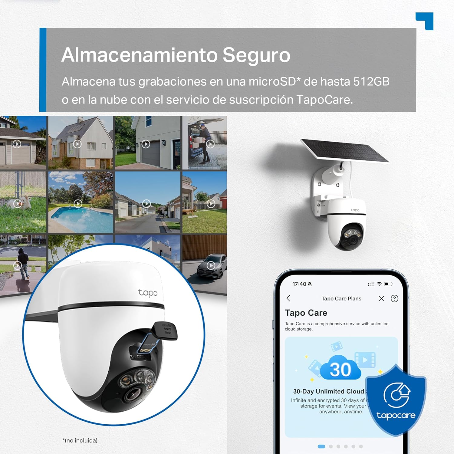 Opciones de almacenamiento seguro en la cámara Tapo C610 KIT mediante tarjeta microSD de hasta 512GB o suscripción a Tapo Care.