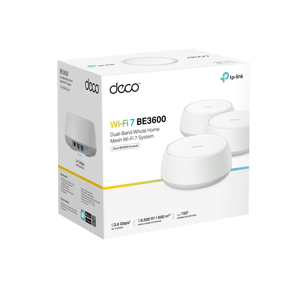 Caja oficial de la versión de 3 unidades del sistema Wi-Fi 7 Mesh TP-Link Deco BE3600.