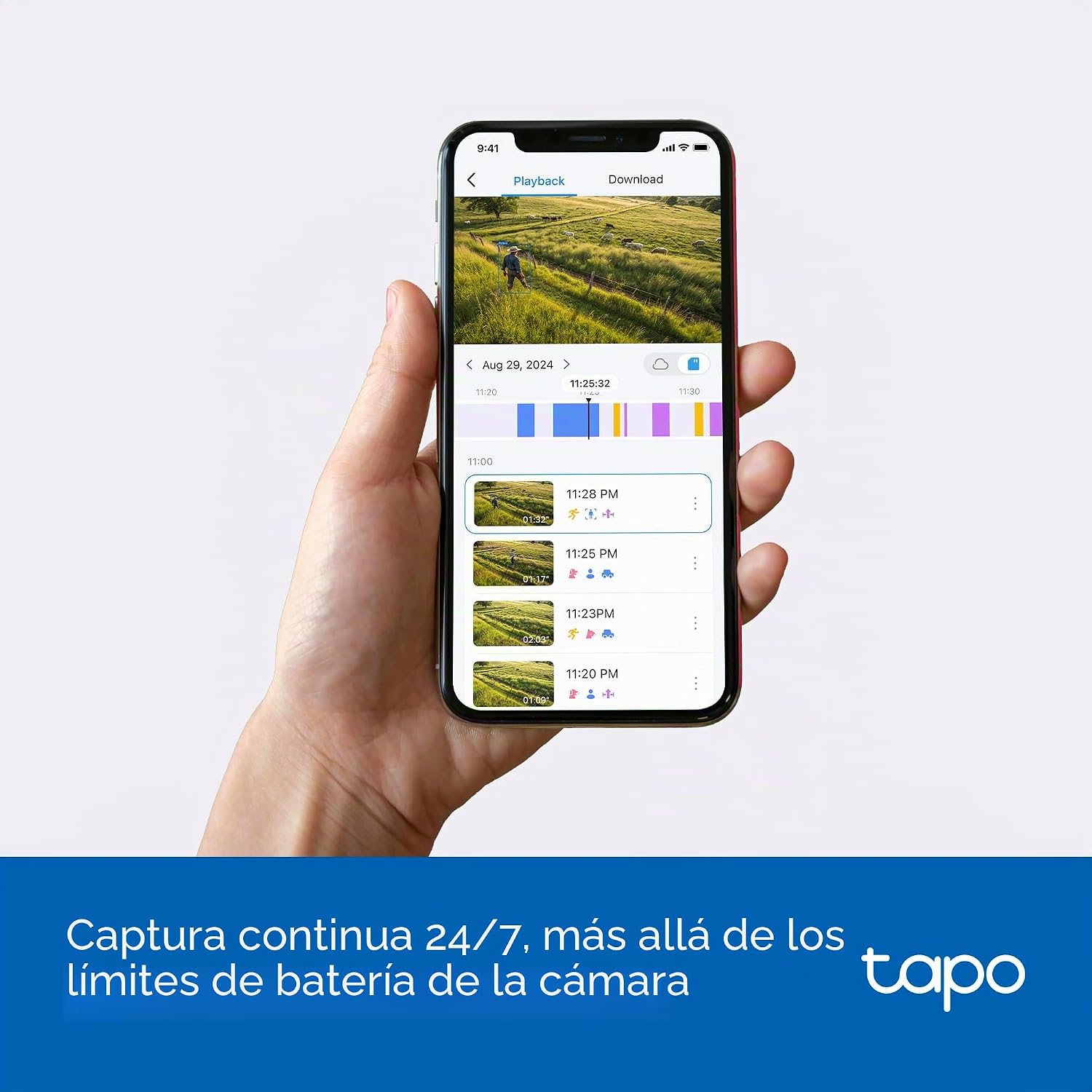 Interfaz de la aplicación Tapo mostrando la grabación continua 24/7 y reproducción de vídeo del Tapo C665G KIT.