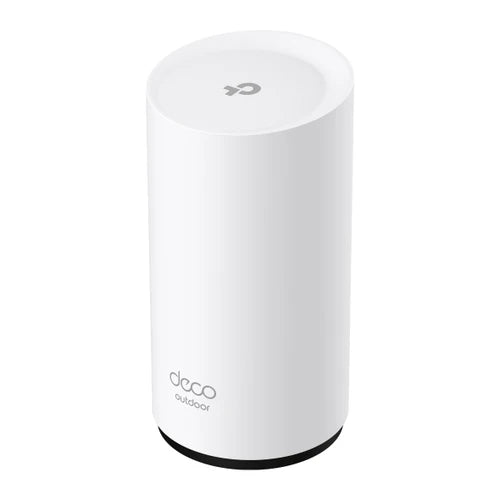 Vista superior e inclinada del router TP-Link Deco BE25-Outdoor con el logo de TP-Link grabado en la parte superior.