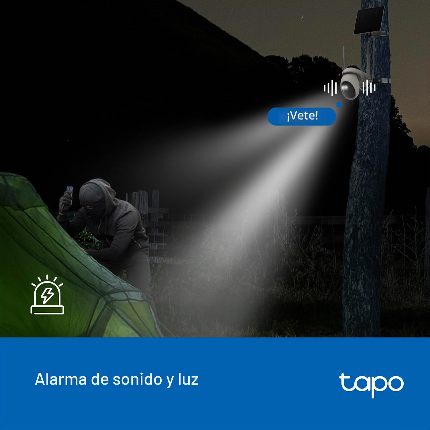 Alarma de luz y sonido activada en la cámara Tapo C665G KIT para ahuyentar intrusos por la noche.