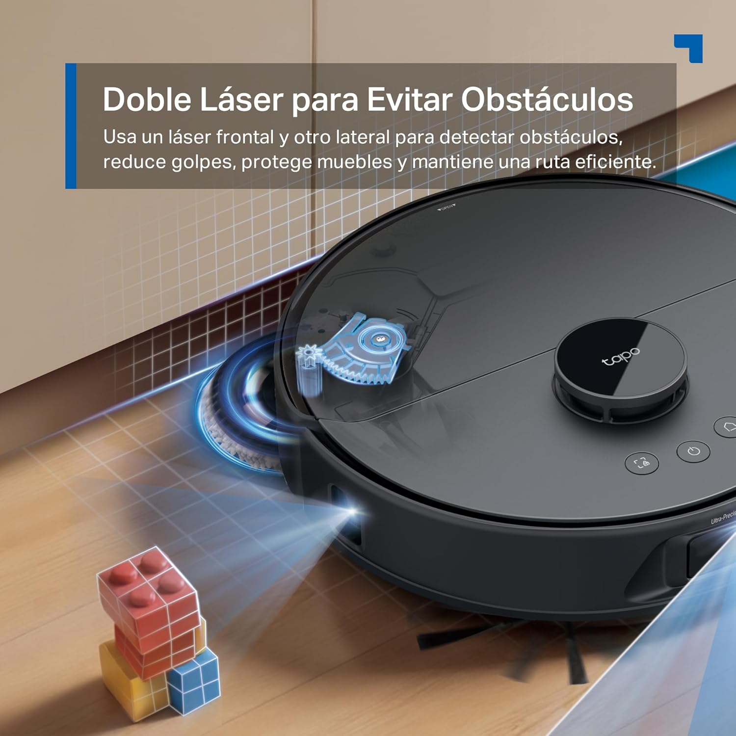 Sistema de navegación por doble láser del Tapo RV50 Pro Omni para evitar obstáculos con precisión.