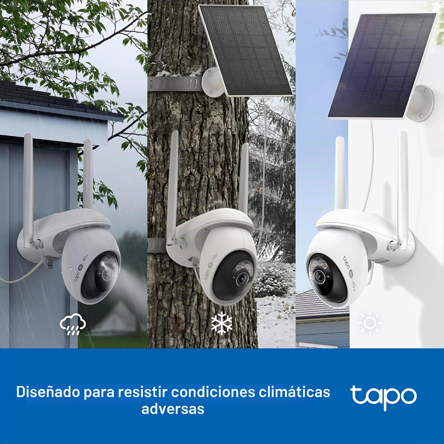 Cámara de vigilancia exterior Tapo C665G KIT diseñada para resistir lluvia, nieve y condiciones climáticas adversas.