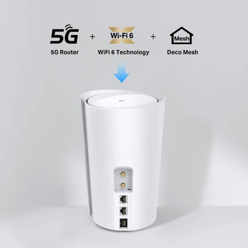 Router TP-Link Deco X3000-5G destacando sus funciones de Router 5G, tecnología Wi-Fi 6 y Deco Mesh.
