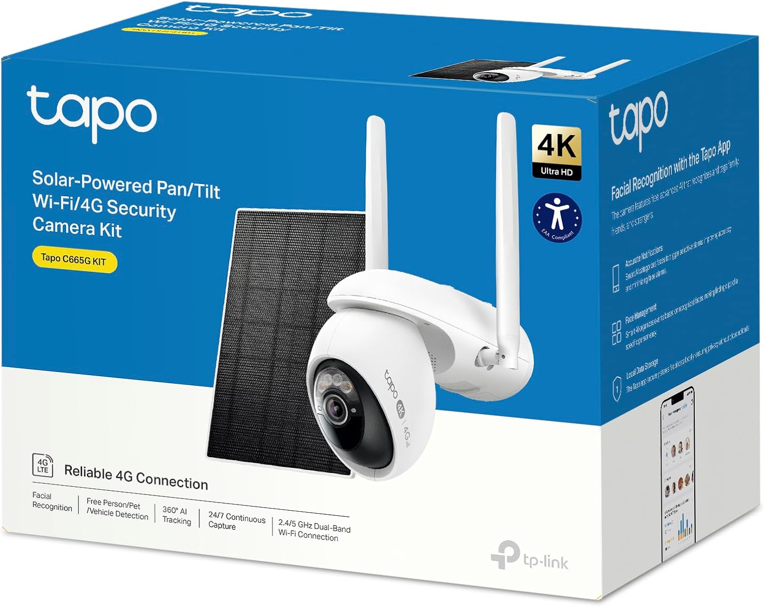 Caja del producto Tapo C665G KIT, kit de cámara de seguridad exterior 4K con panel solar y 4G LTE.