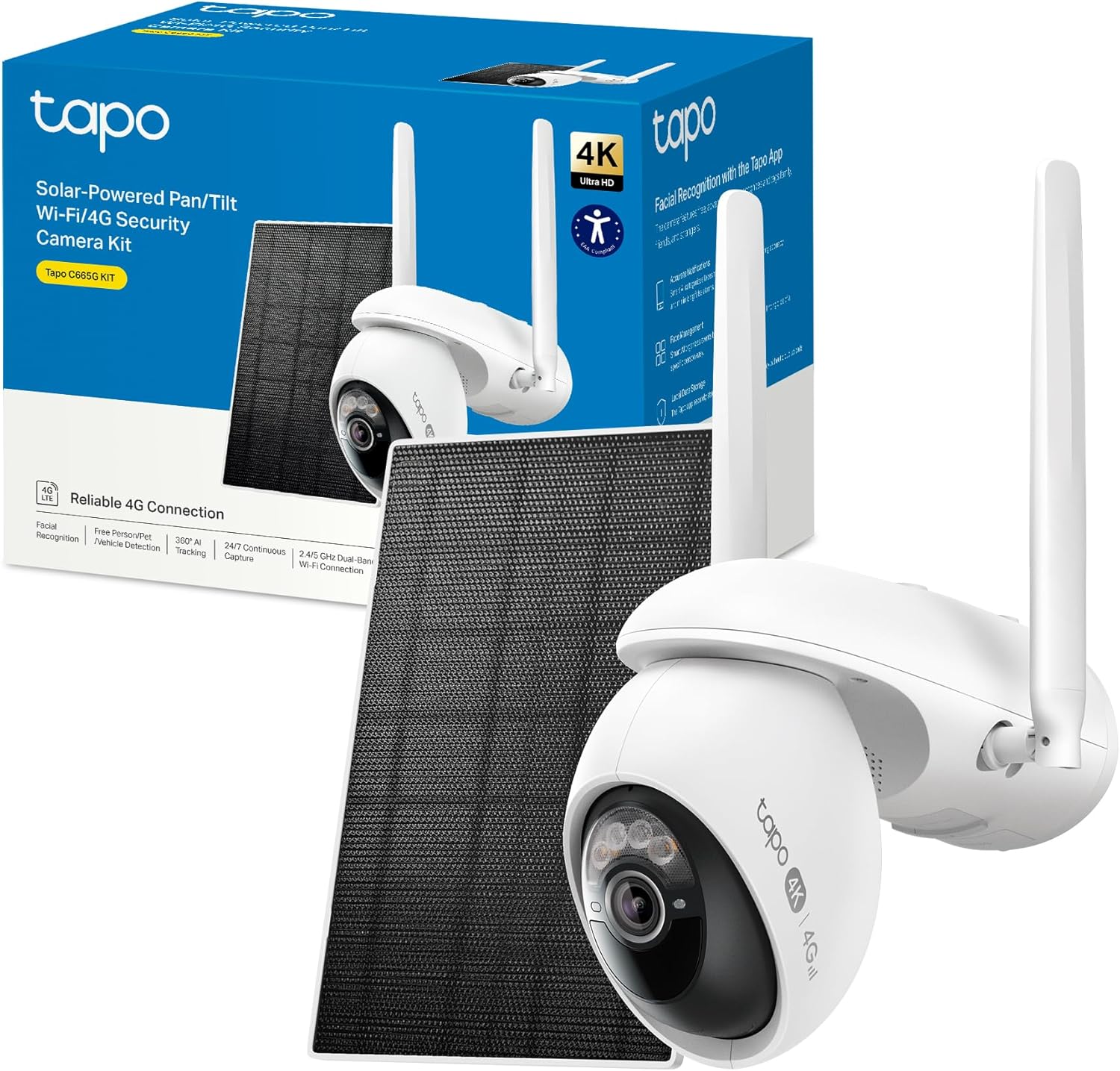 Cámara de seguridad Tapo C665G KIT y panel solar mostrados junto a su caja oficial.