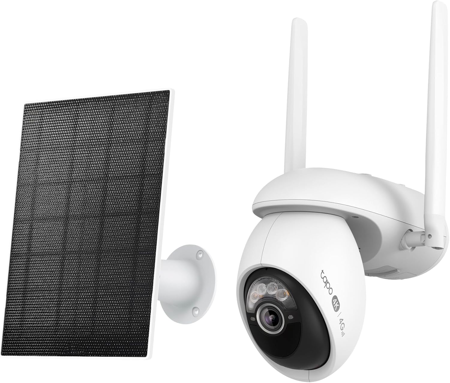 Vista del kit Tapo C665G KIT compuesto por la cámara motorizada 4K y el panel solar con soporte de pared.