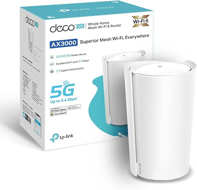 Caja del router TP-Link Deco X3000-5G junto a la unidad de red Mesh Wi-Fi 6 de color blanco.