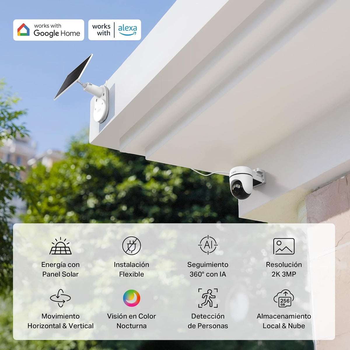 Resumen de características principales de la cámara Tapo C610 KIT, incluyendo resolución 2K y panel solar.