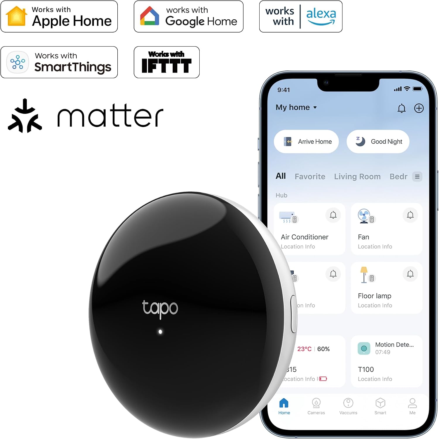 Tapo H110 junto a smartphone mostrando compatibilidad con Matter, Apple Home, Google Home, Alexa y SmartThings.