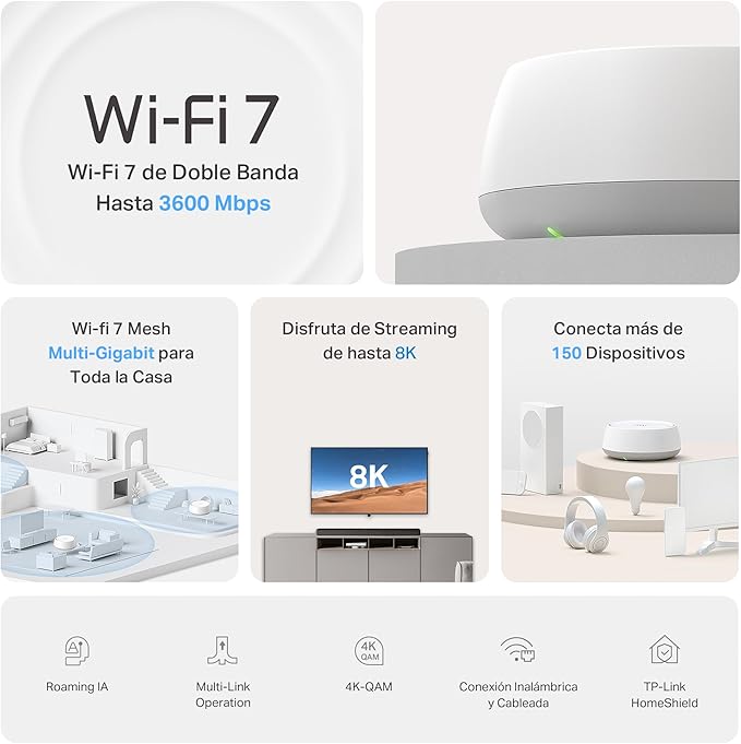 Infografía con las especificaciones clave del Deco BE3600 como Wi-Fi 7 de 3600 Mbps, MLO y cobertura Multi-Gigabit.