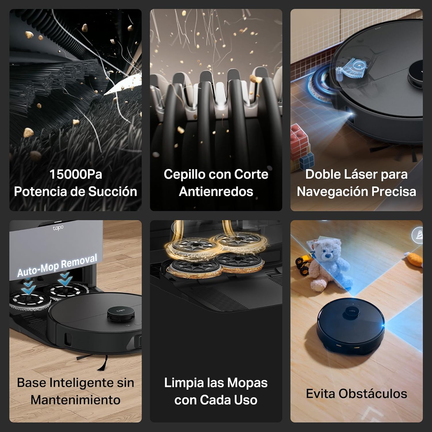 Sistema de navegación por doble láser del Tapo RV50 Pro Omni para evitar obstáculos con precisión.