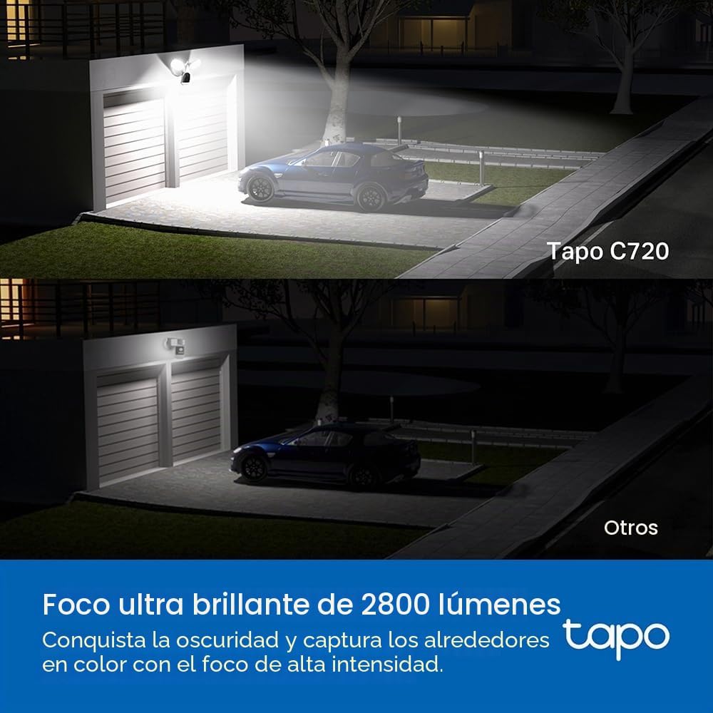 Comparativa de iluminación exterior entre el foco de 2800 lúmenes de la Tapo C720 y otros focos convencionales.