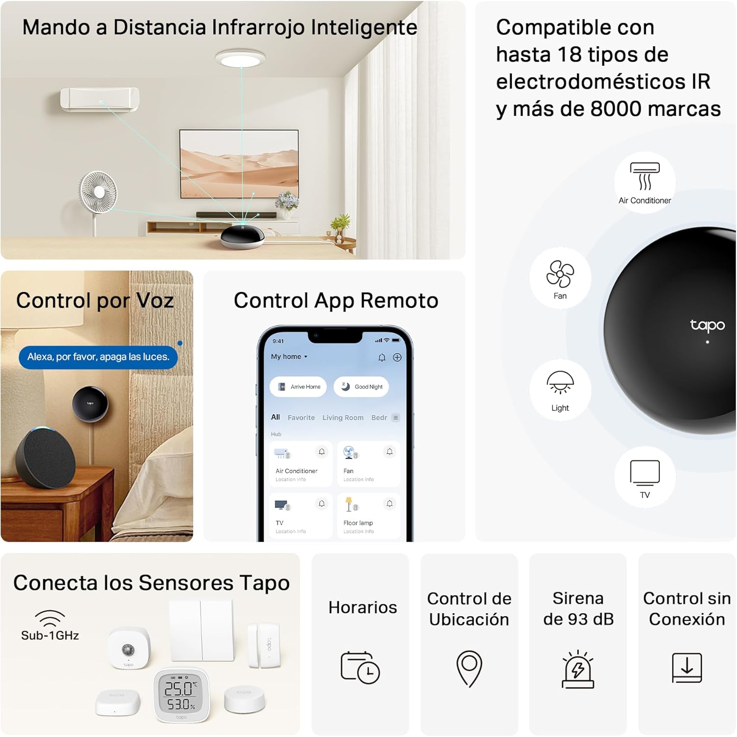 Resumen de funciones del hub Tapo H110, incluyendo control por voz, sirena de 93 dB y conexión Sub-1GHz.
