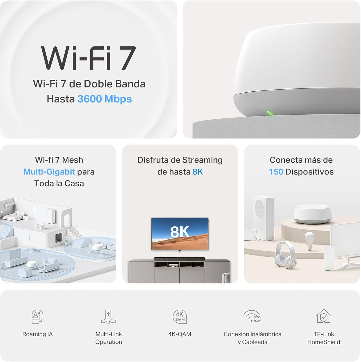 Panel explicativo con las ventajas clave del TP-Link Deco BE3600 como tecnología Wi-Fi 7, MLO y cobertura amplia.