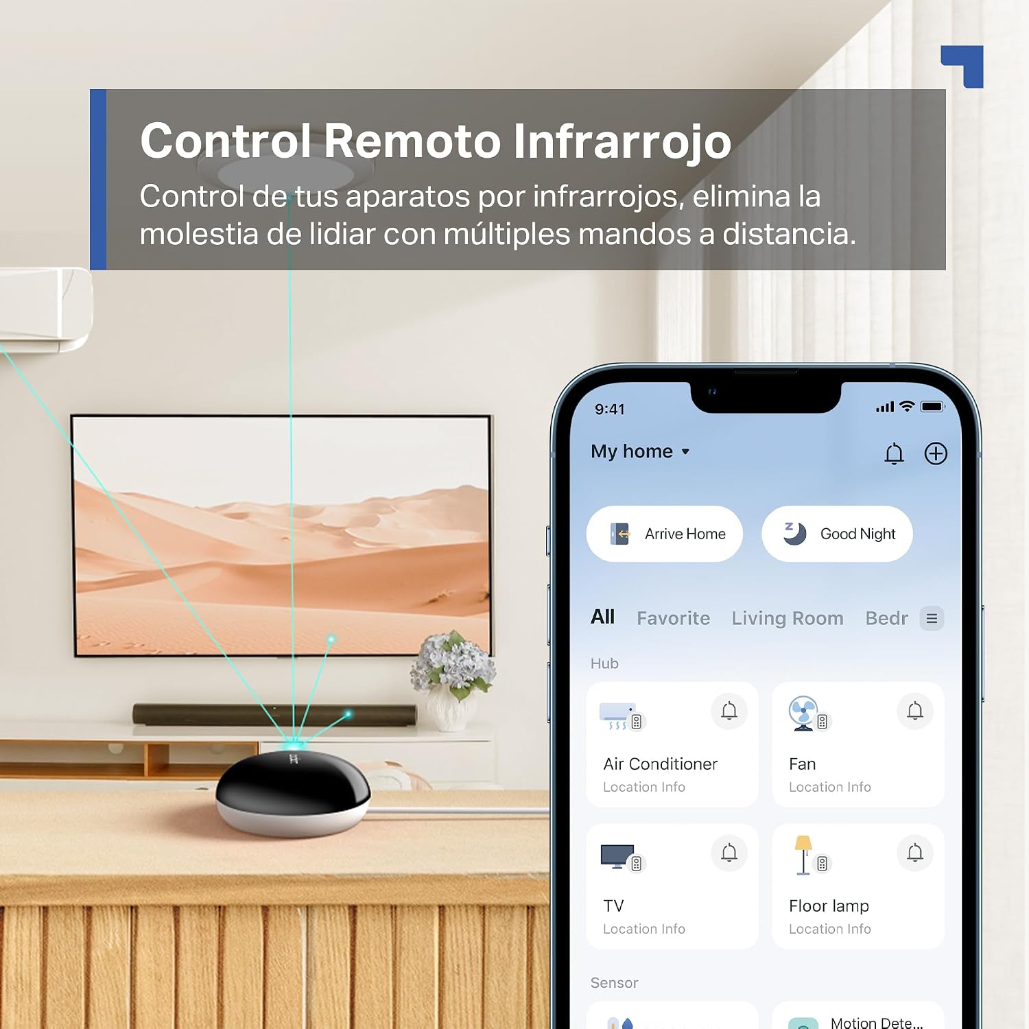 Hub Tapo H110 controlado desde la app móvil enviando señales infrarrojas a aire acondicionado y televisión.