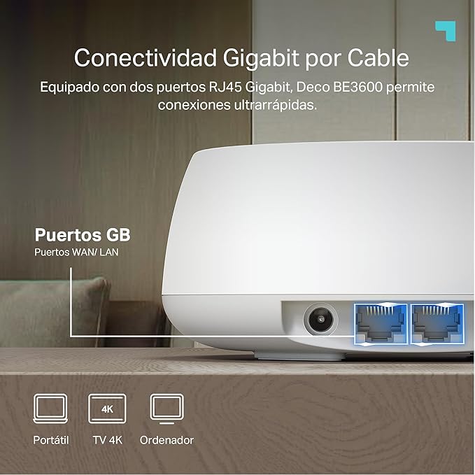 Detalle de la parte trasera del router TP-Link Deco BE3600 con sus dos puertos Ethernet Gigabit RJ45.
