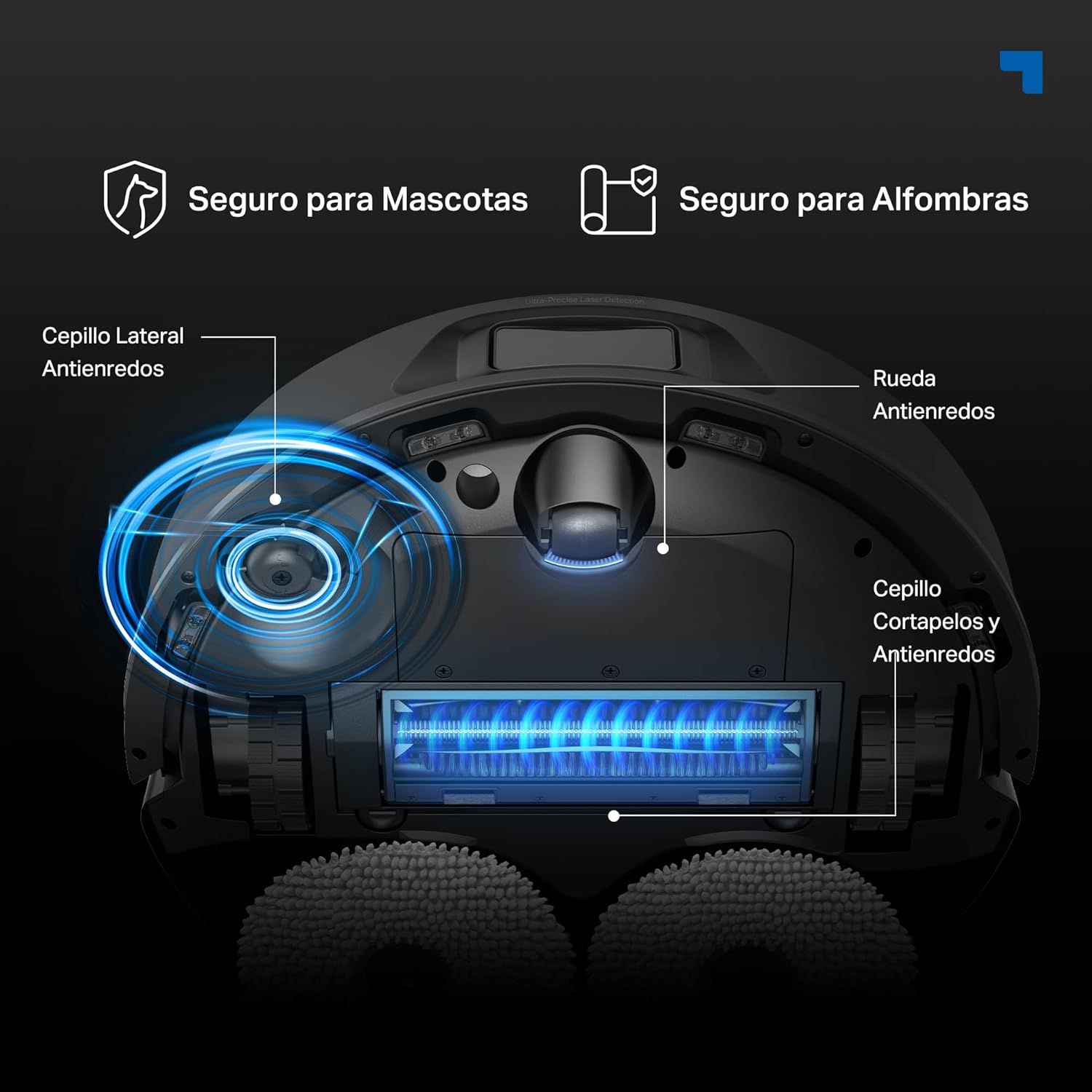 Sistema de cepillo cortapelos y antienredos del Tapo RV50 Pro Omni ideal para mascotas y alfombras.