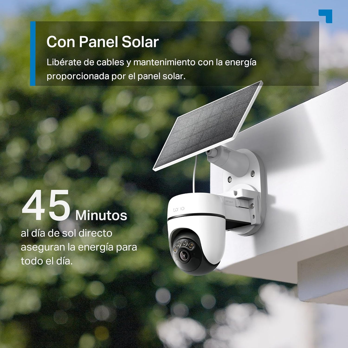 Cámara Tapo C610 KIT instalada en exterior recibiendo energía a través de su panel solar.