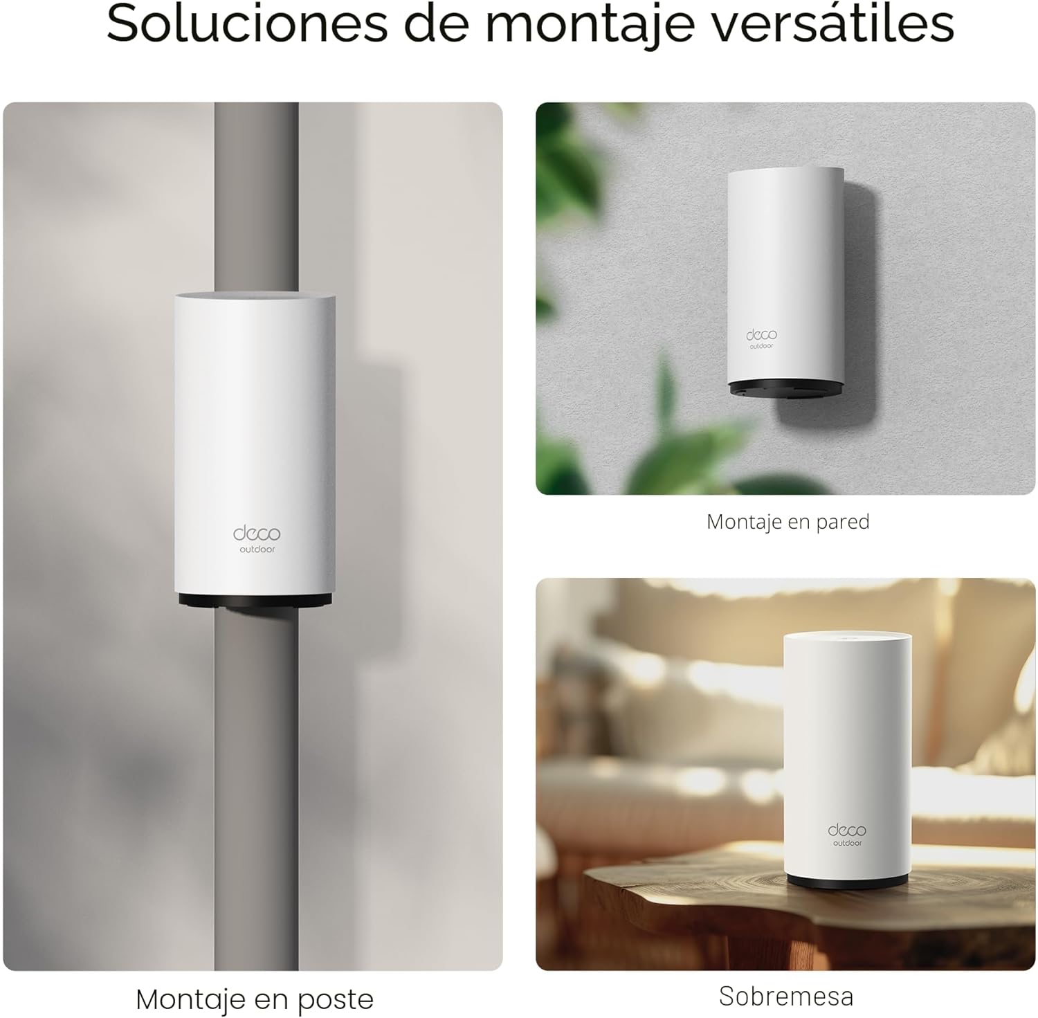 Opciones de instalación del TP-Link Deco BE25-Outdoor mediante montaje en poste, pared o sobremesa.
