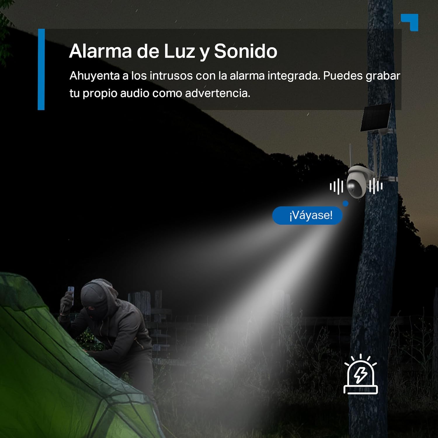 Alarma de luz y sonido integrada en la cámara Tapo C665G KIT para ahuyentar intrusos.
