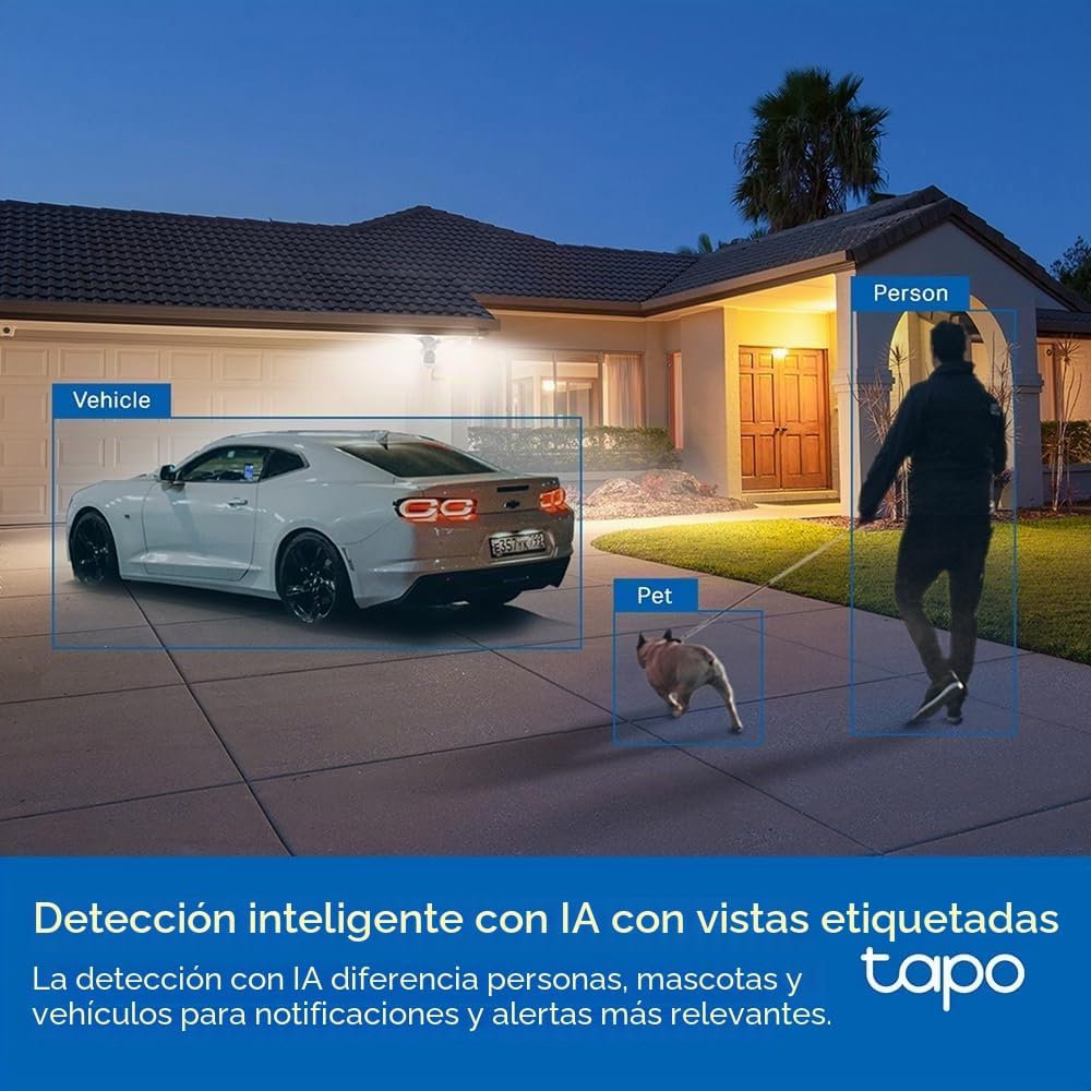 Detección inteligente por IA etiquetando persona, mascota y vehículo en la entrada con la cámara Tapo C720.