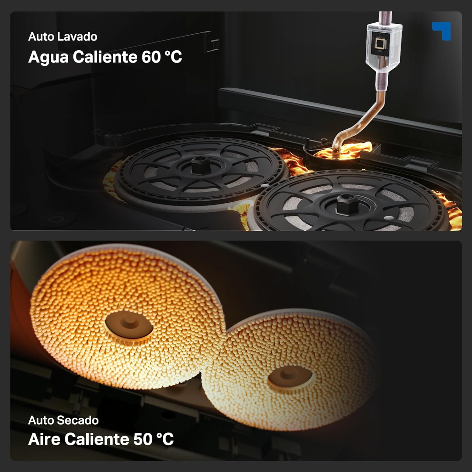 Mecanismo de autolavado con agua caliente a 60°C y autosecado a 50°C del Tapo RV50 Pro Omni.