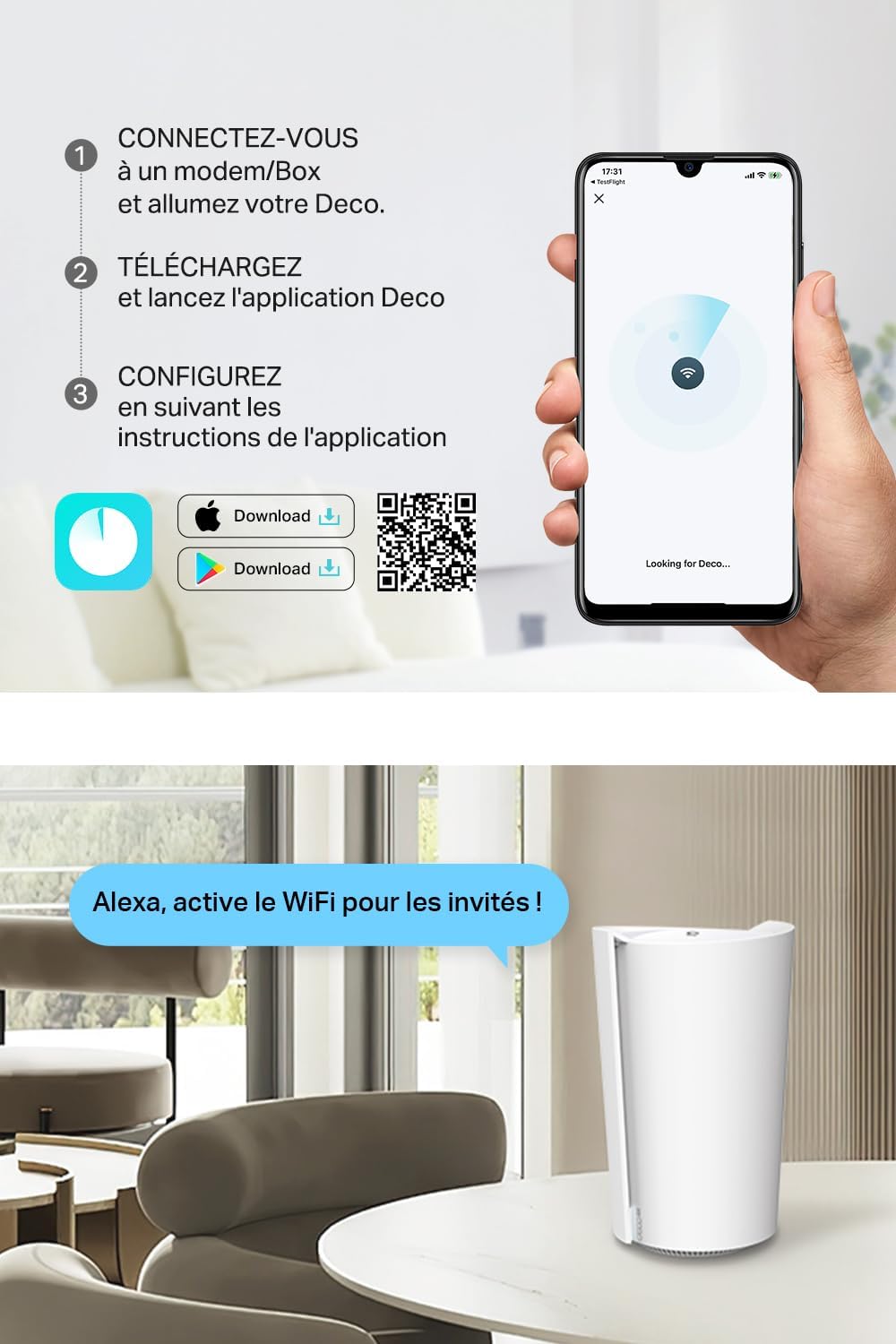 Pasos de configuración del Deco X3000-5G con la app Deco y demostración de control por voz con Alexa.