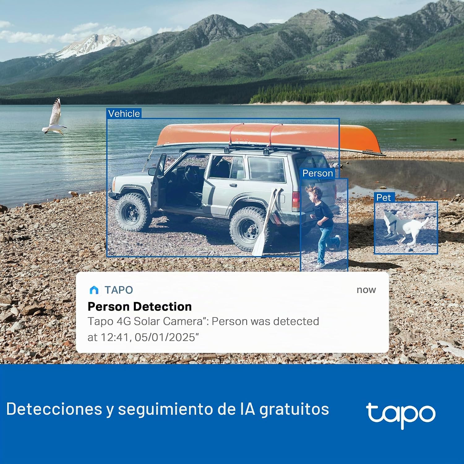 Detección inteligente y seguimiento automático por IA para personas, vehículos y mascotas en Tapo C665G KIT.