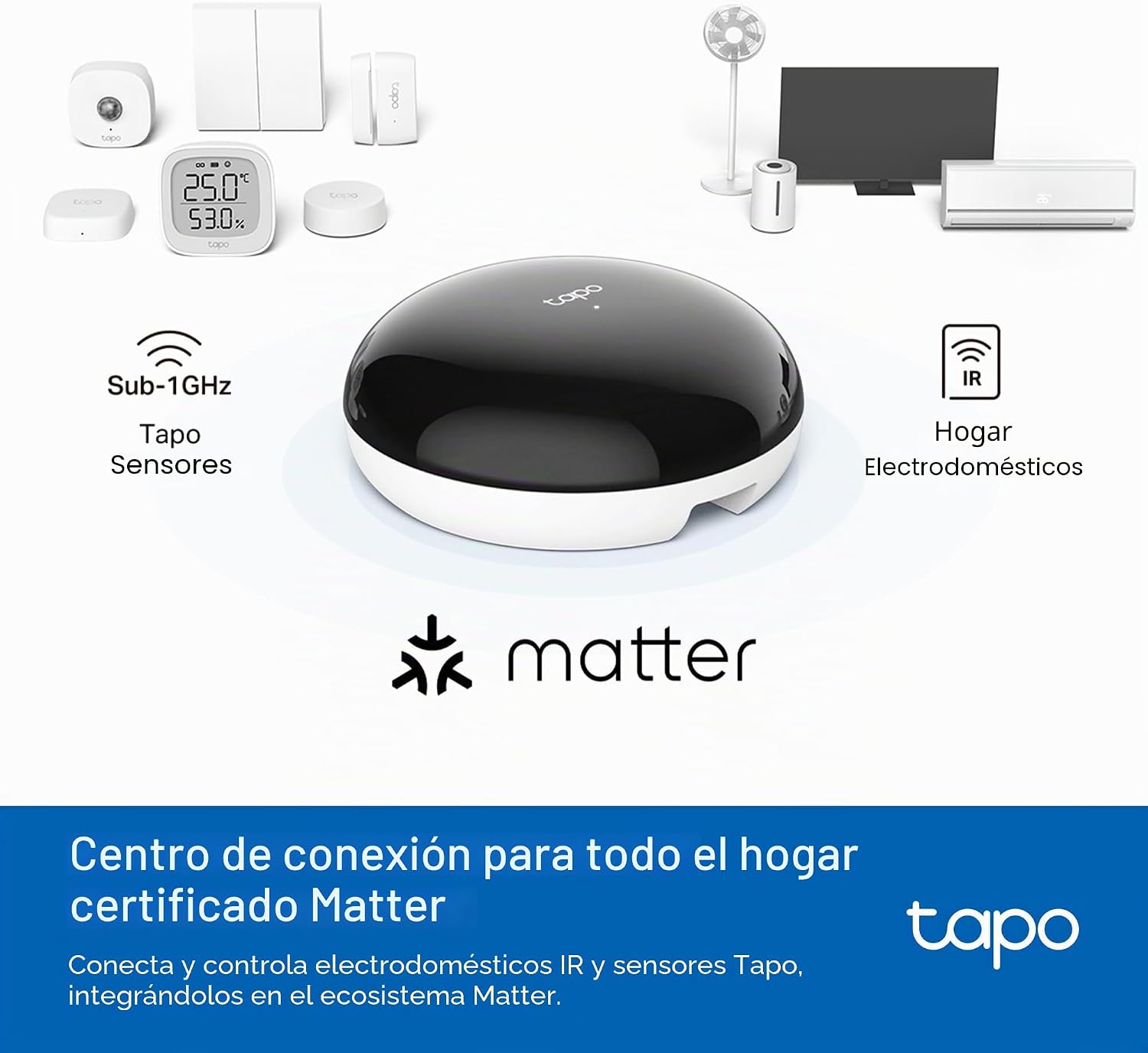 Hub Tapo H110 certificado para Matter con compatibilidad para sensores Sub-1GHz y electrodomésticos IR.