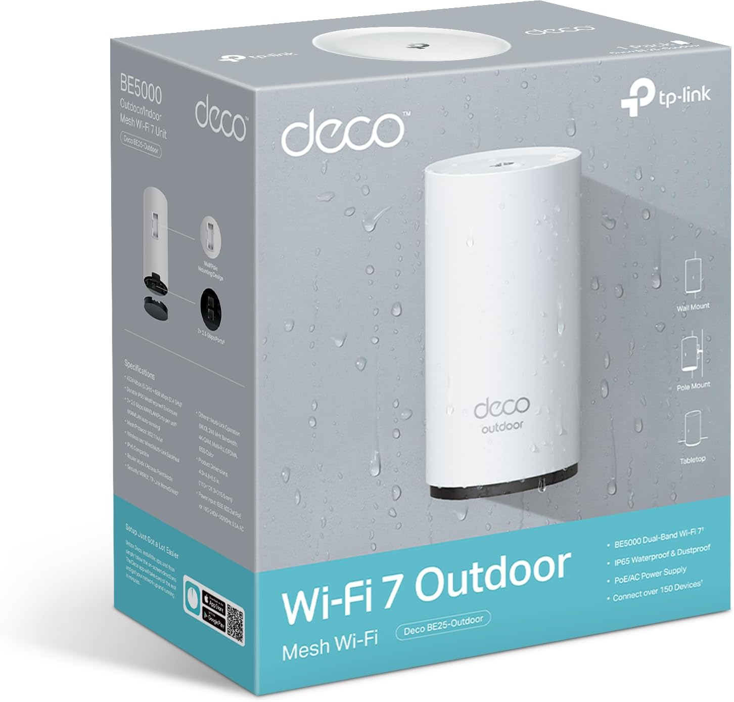 Caja oficial del paquete de 1 unidad del TP-Link Deco BE25-Outdoor Wi-Fi 7 Mesh.