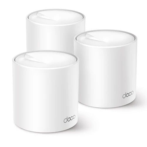 Conjunto de 3 nodos del sistema WiFi Mesh TP-Link Deco sobre fondo blanco.