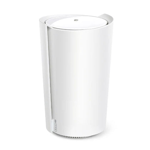 Vista frontal del router TP-Link Deco X3000-5G en diseño cilíndrico color blanco.