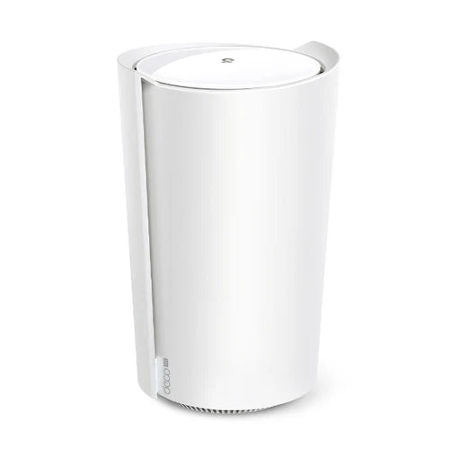 Vista frontal del router TP-Link Deco X3000-5G en diseño cilíndrico color blanco.