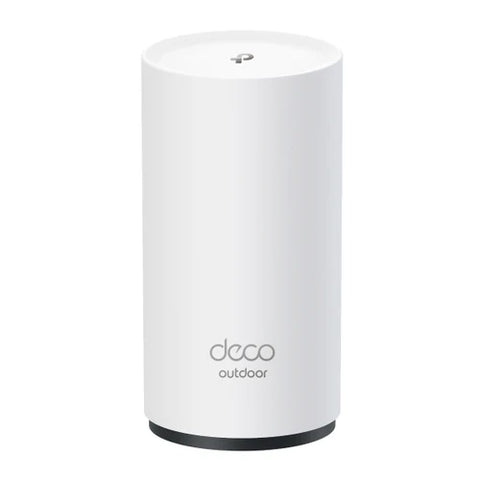 Vista frontal del router de exterior TP-Link Deco BE25-Outdoor en color blanco de forma cilíndrica.