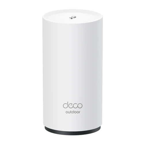 Vista frontal del router de exterior TP-Link Deco BE25-Outdoor en color blanco de forma cilíndrica.